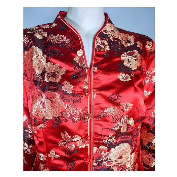 Satin Chinese Mandarin Top Long Sleeves XXL Embroidered Ruby Red Vintage - Picture 5 of 10
